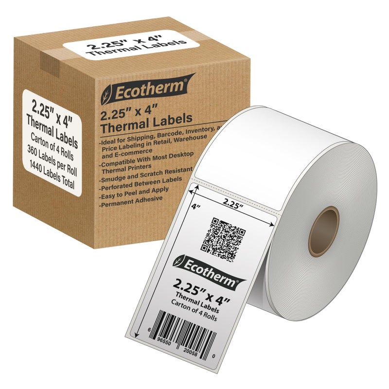 Ecotherm ملصقات حرارية مقاس 2.25 بوصة × 4 بوصة | 4 رول | 1440 تسمية | تناسب طابعات Zebra وMunbyn وRolo وGodex وArkscan وiDPRT وOffnova والمزيد | ملصقات لاصقة بيضاء فارغة من إيكوثيرم - Image 1